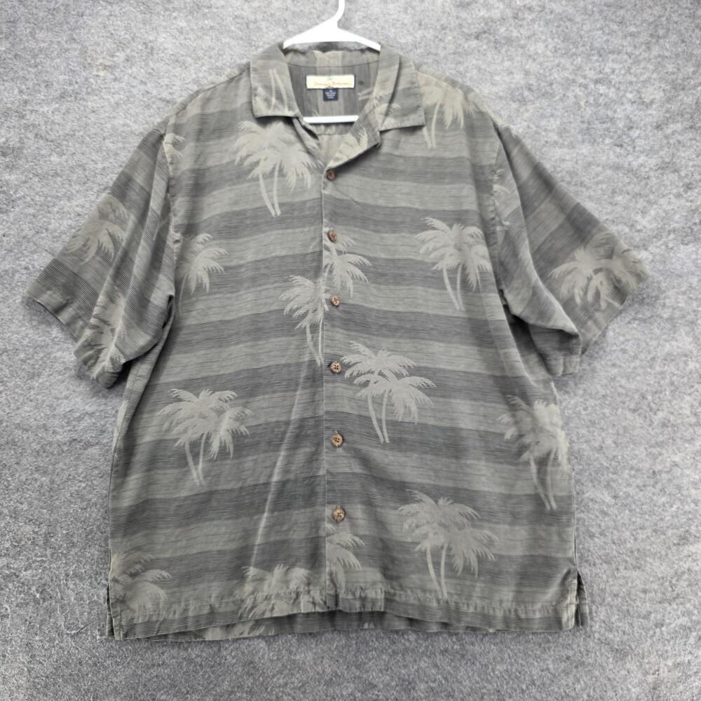 Tommy Bahama Shirt Mens M Gray Palm Tree Silk Short Sleeve Button Up Relaxed